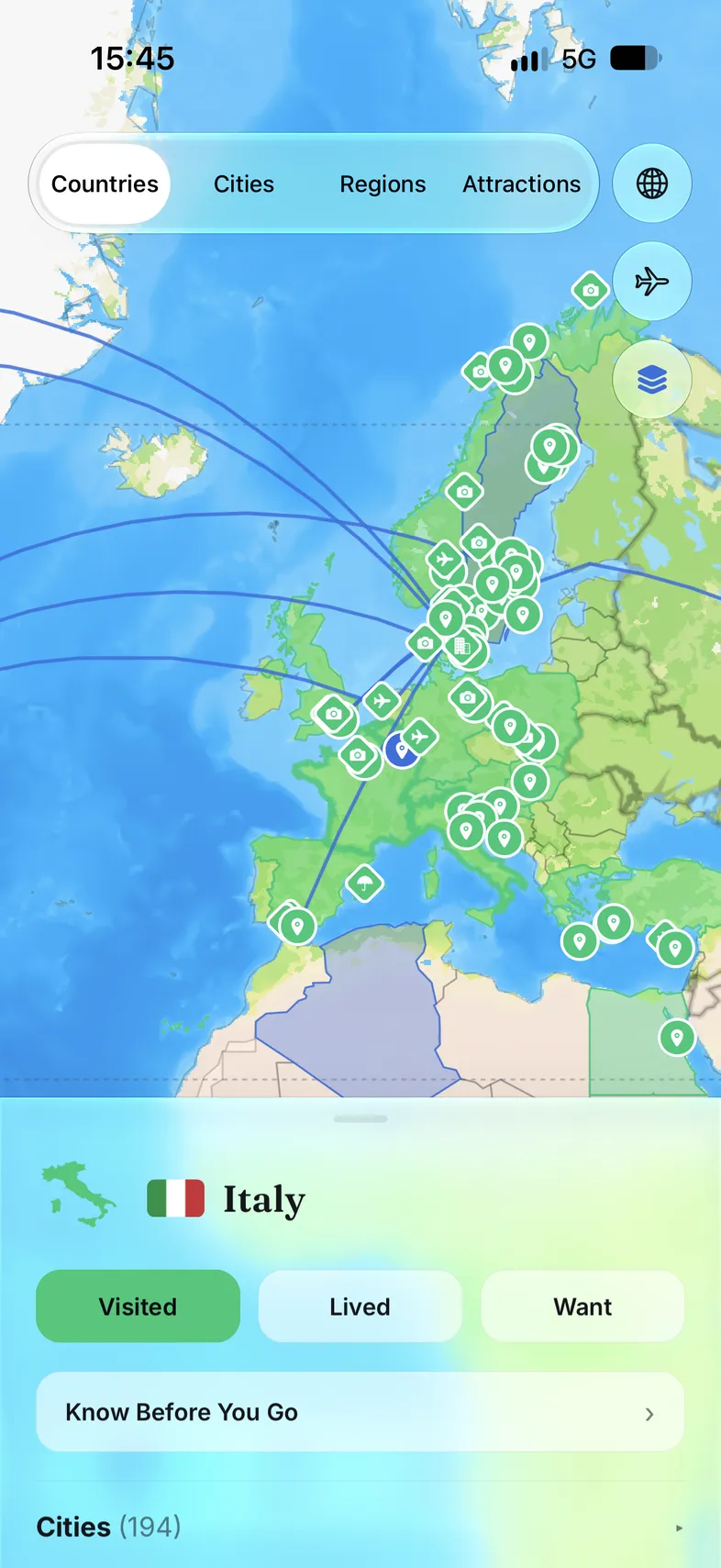 The Atlas map with visited countries, cities, attractions and flight routes