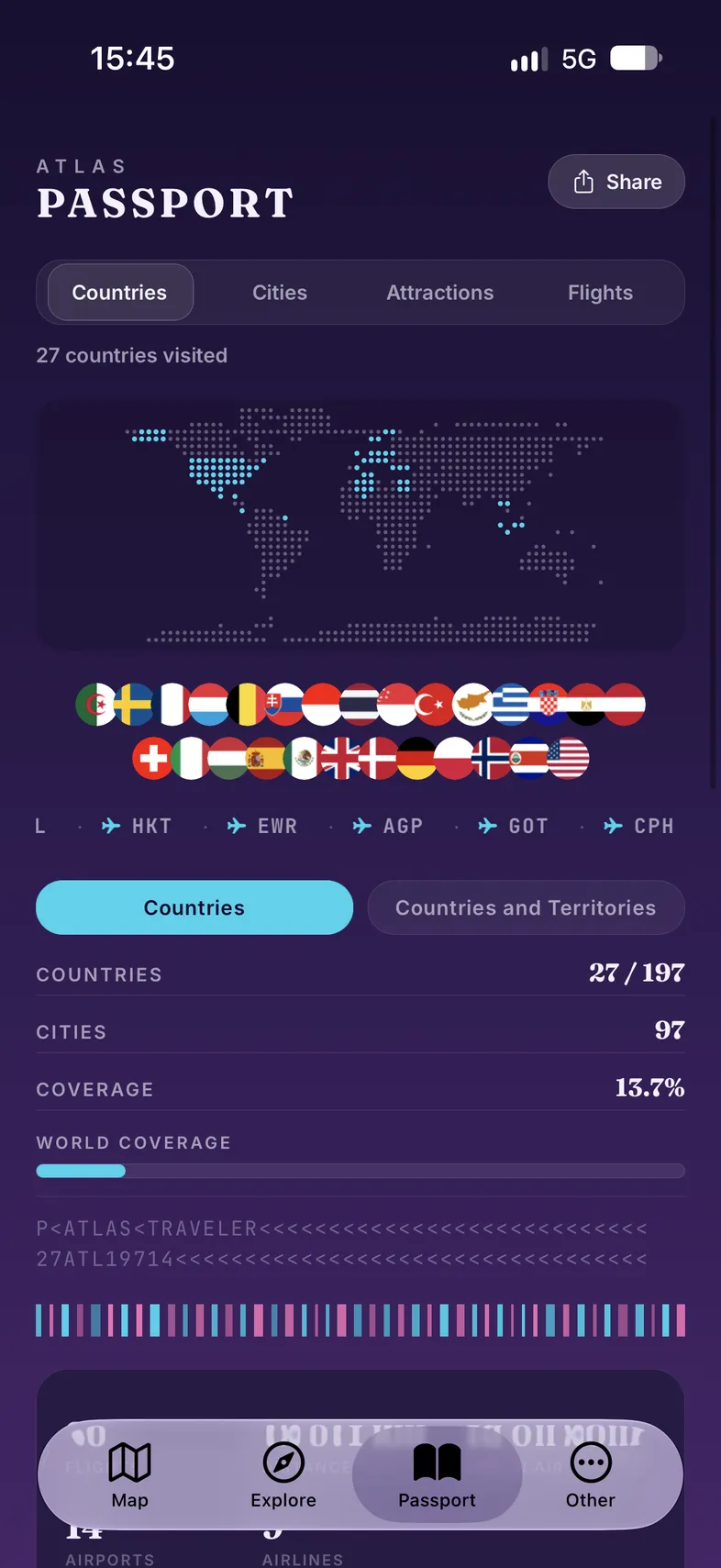 The Atlas travel passport with countries visited, flags and world coverage